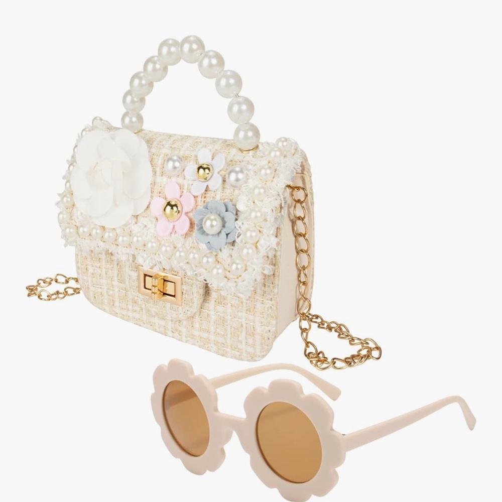Cream Floral Embellished little girl's Bag and matching sunglasses